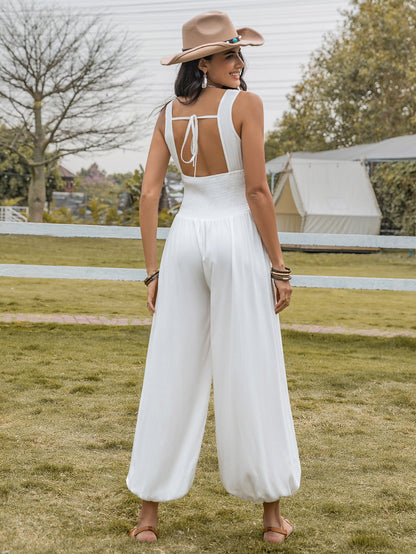 Bell Bottom Pants Drawstring Spaghetti Straps Sleeveless Hollow Out Cutout High Waist Jumpsuits