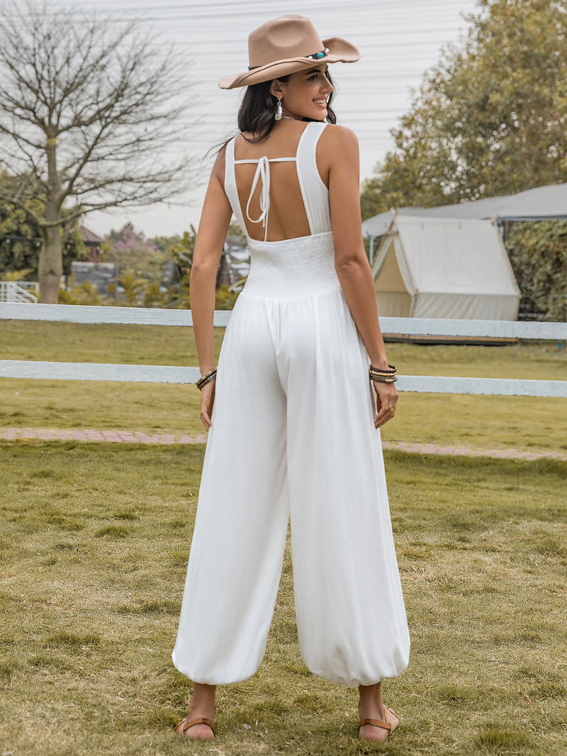 Bell Bottom Pants Drawstring Spaghetti Straps Sleeveless Hollow Out Cutout High Waist Jumpsuits