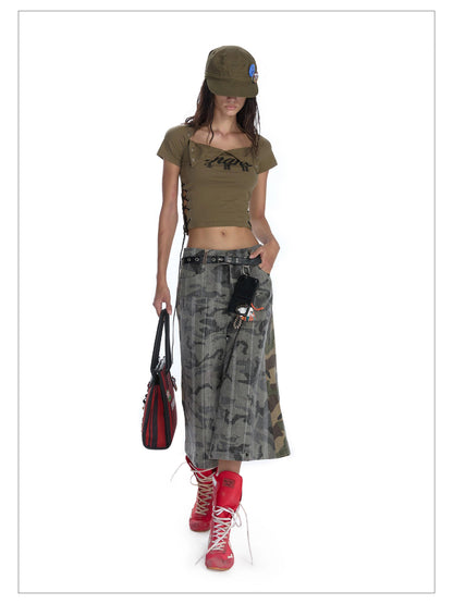 24ans Lace-up Graphic Crop Top - Short Sleeve Side-tie T-shirt
