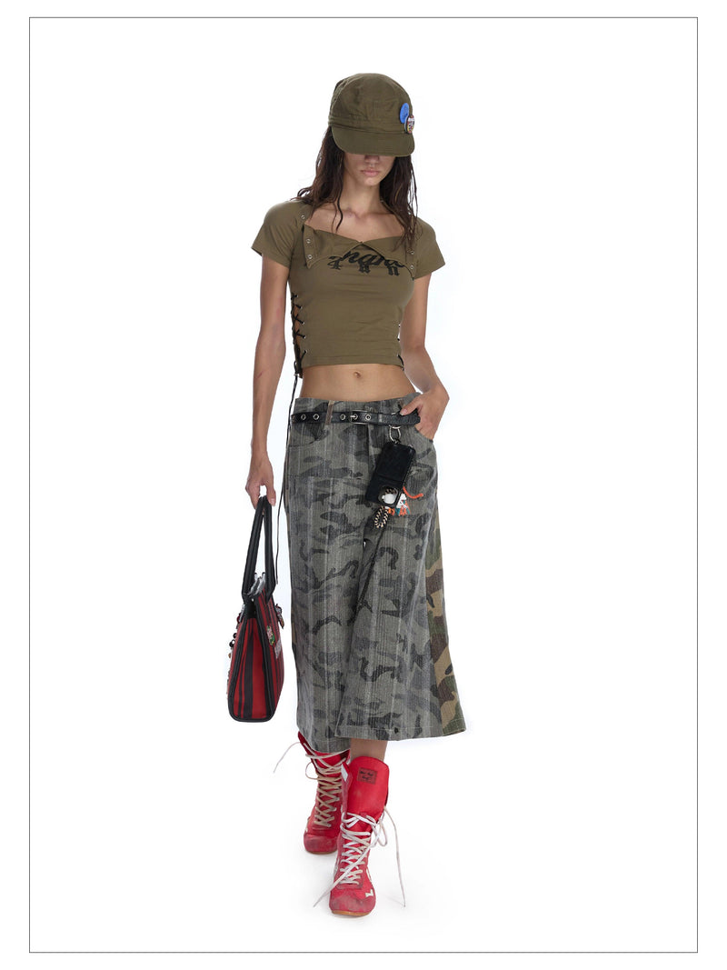 24ans Lace-up Graphic Crop Top - Short Sleeve Side-tie T-shirt