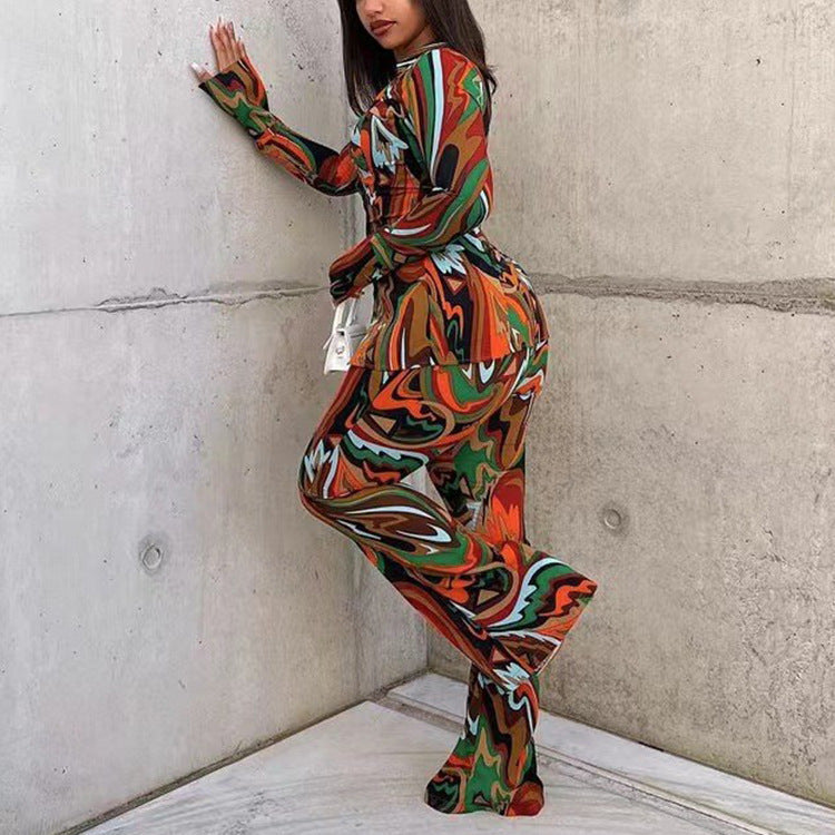Fall Deep V Plunge Suit Print Shirt Wide Leg Pants Two Piece Suit