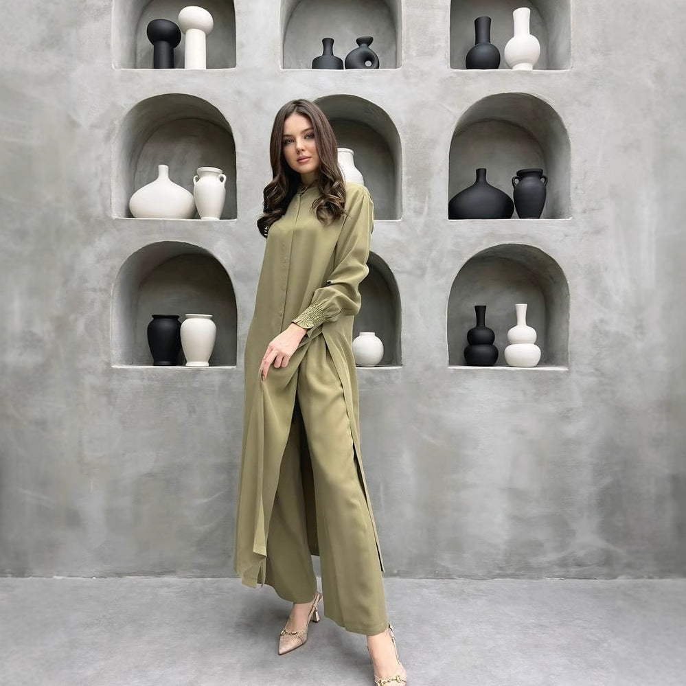 Clothing Multi Button Long Sleeve Split Stand Collar Shirt Straight Pants Two Piece Set