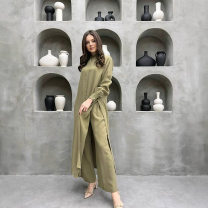 Clothing Multi Button Long Sleeve Split Stand Collar Shirt Straight Pants Two Piece Set