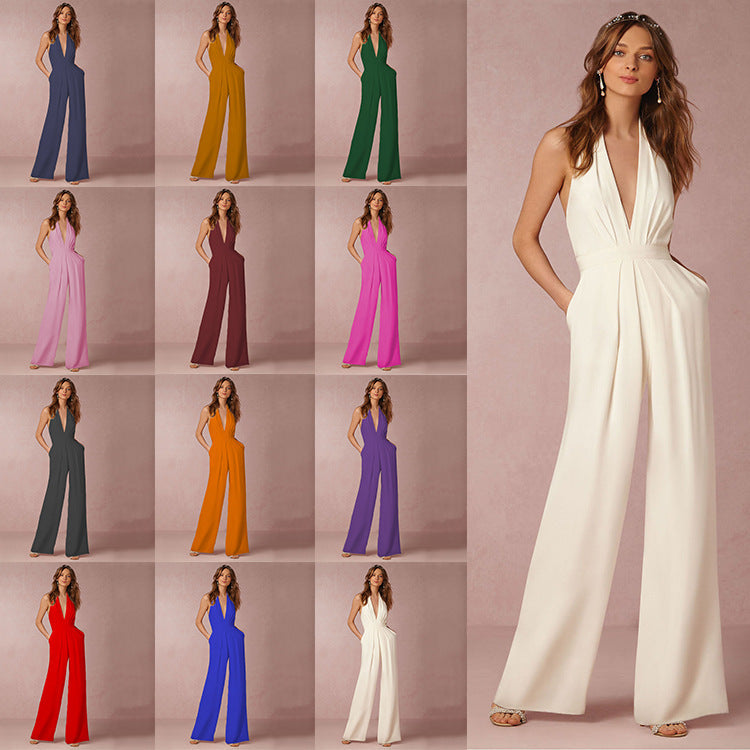 Spring Autumn Creative Sleeveless Halter Pocket Loose Jumpsuit