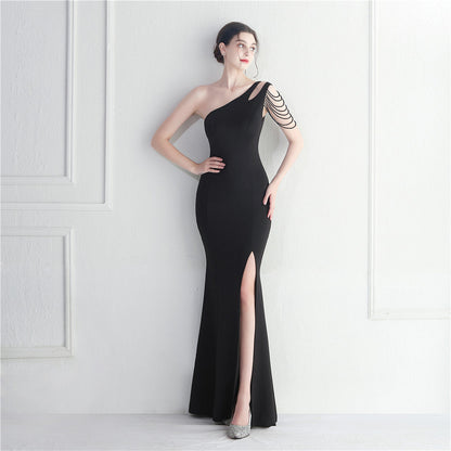 Craft Beaded One Shoulder Diagonal Collar Split Maxi Dress Performance Dinner Dress