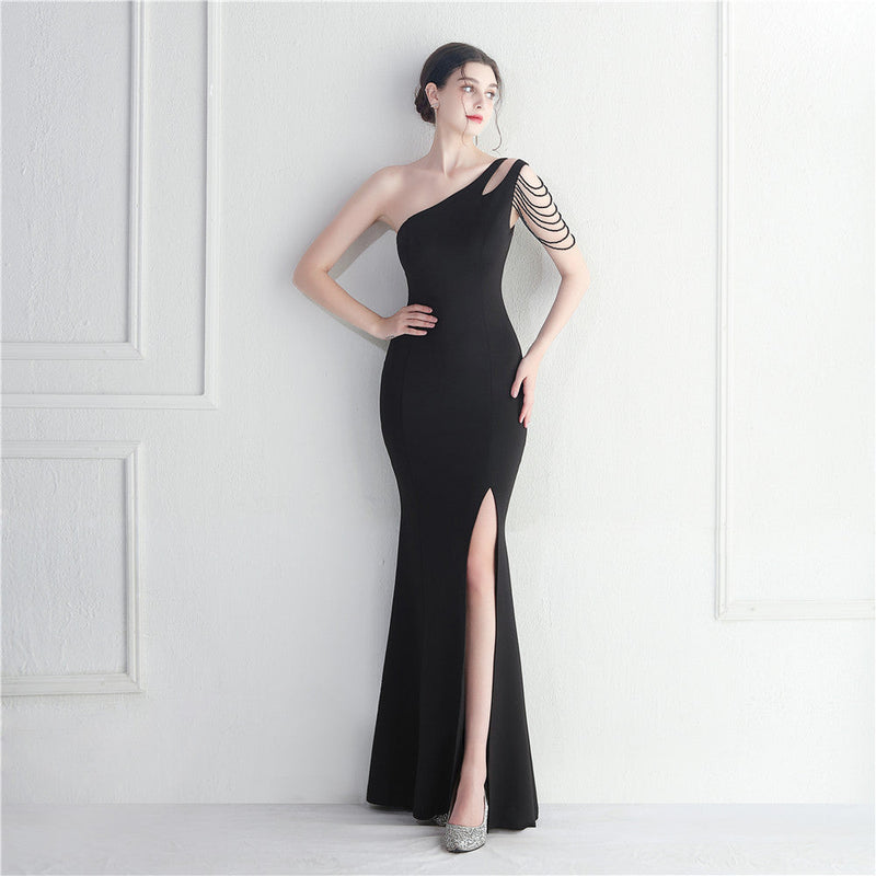 Craft Beaded One Shoulder Diagonal Collar Split Maxi Dress Performance Dinner Dress