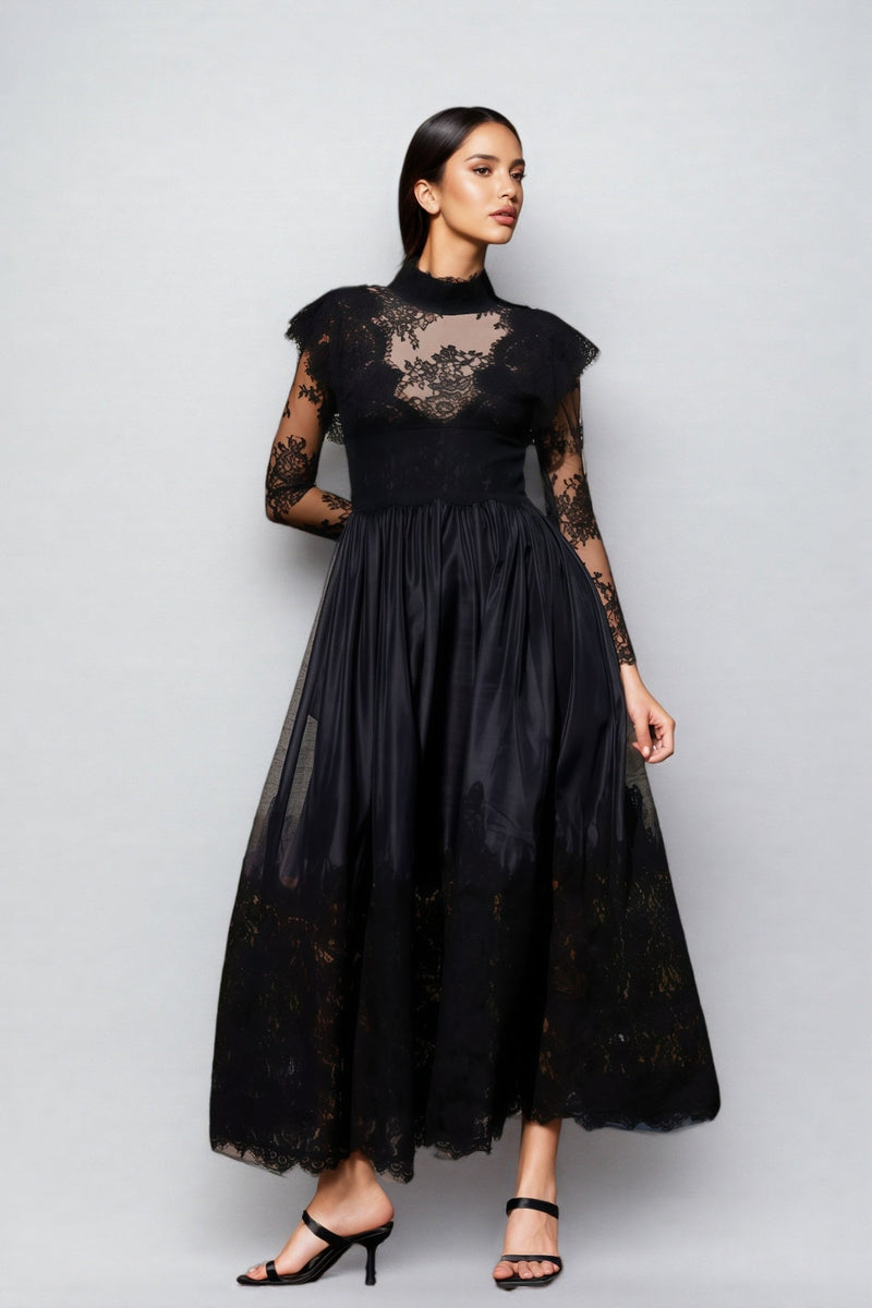 Milda Black Lace Stitching Maxi Dress