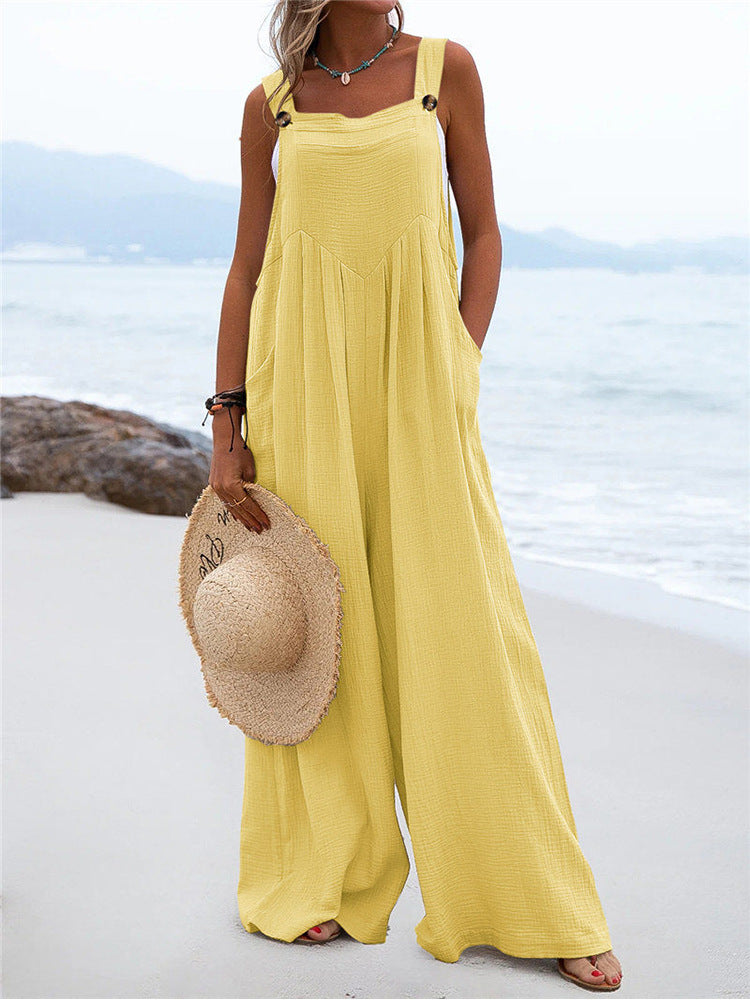 Summer New National Color Buttons Sling Wide Leg Trousers Jumpsuit