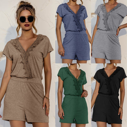 Spring Summer Eaby Short Sleeve V-neck Criss Cross Lace Stitching Romper Romper