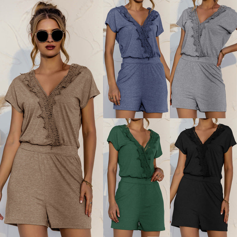 Spring Summer Eaby Short Sleeve V-neck Criss Cross Lace Stitching Romper Romper