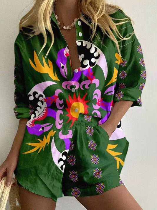 Unique Abstract Print Lapel Shorts and Shirt Two-piece Set