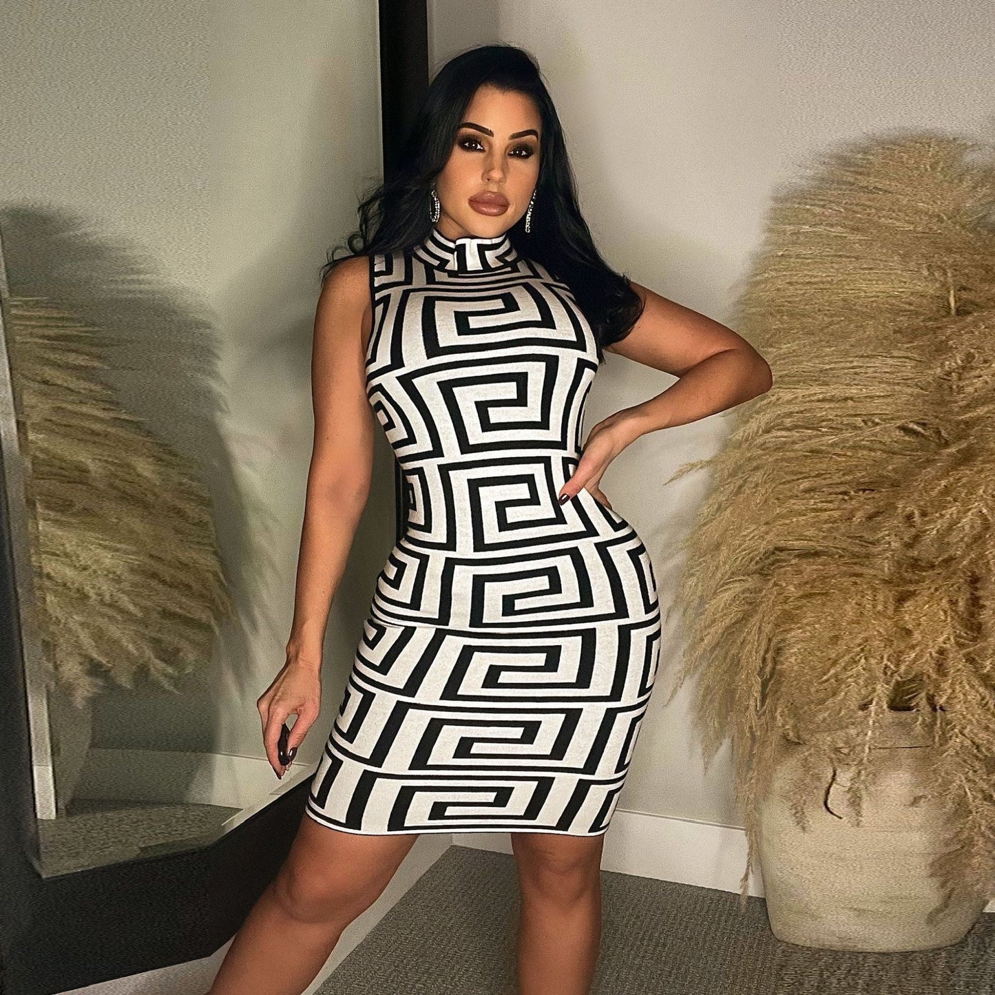 Pattern Print Suit Skirt Sleeveless Turtleneck Dress Short Top Two-piece Set