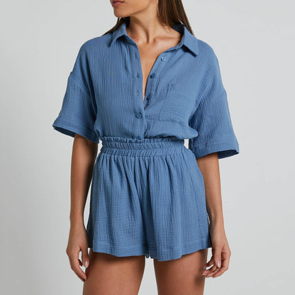 Color Shirt Outfit Loose Short Sleeves Single Breasted Clothing Spring Summer Shorts Two Piece Set