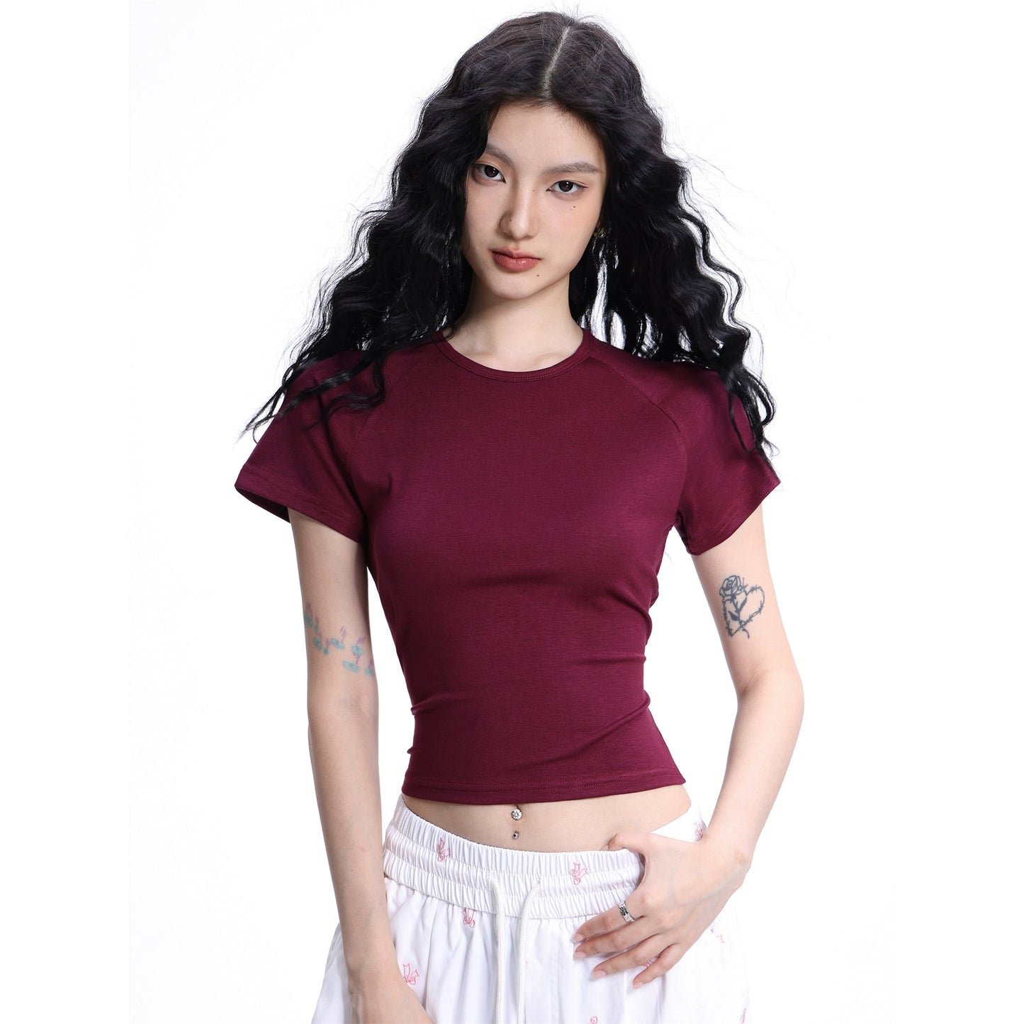 Crop Color Regular Shoulder Short Sleeve T-shirt