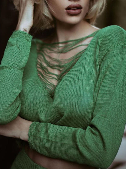 Slit Dress Tassel Hollow Out Cutout Sweater Coord Set