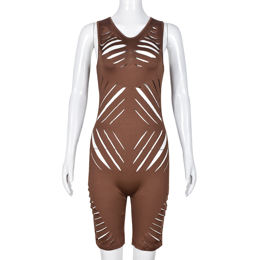 Clothing Summer Hollow Out Cutout Sleeveless High Elastic Slim Fit Slim Jumpsuit