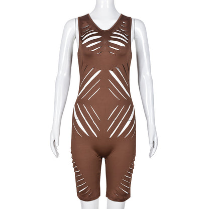 Clothing Summer Hollow Out Cutout Sleeveless High Elastic Slim Fit Slim Jumpsuit