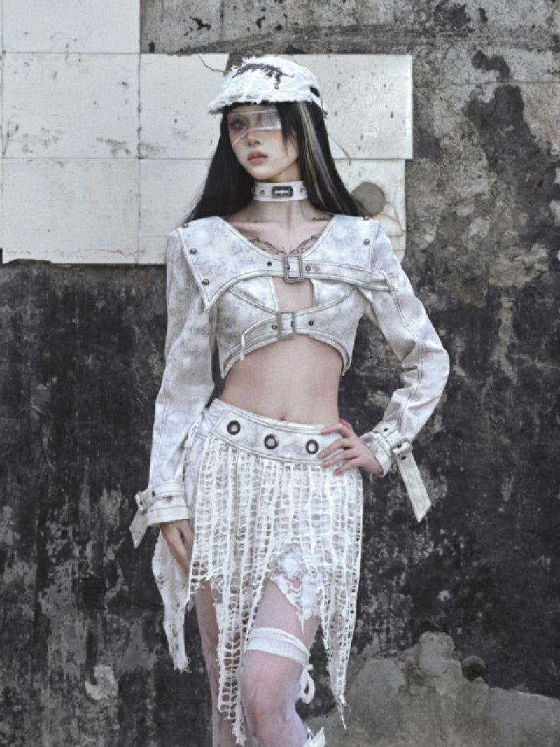 Distressed Net Grommet Mini Skirt