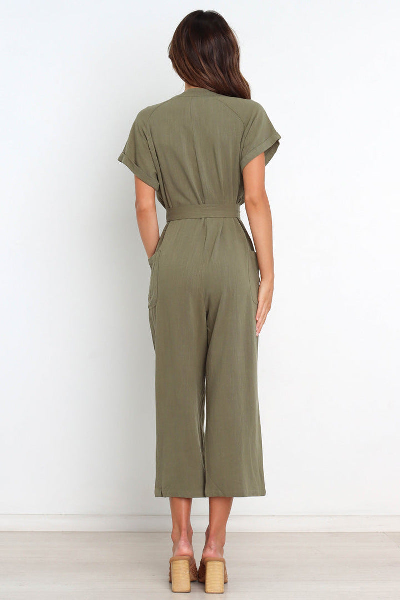 Summer Color Pocket V Neck Cropped Wide Legged Jumpsuit