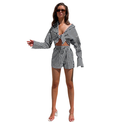 Spring Summer Office Pants Suit Shirt Striped Long Sleeve Split Two-piece Set