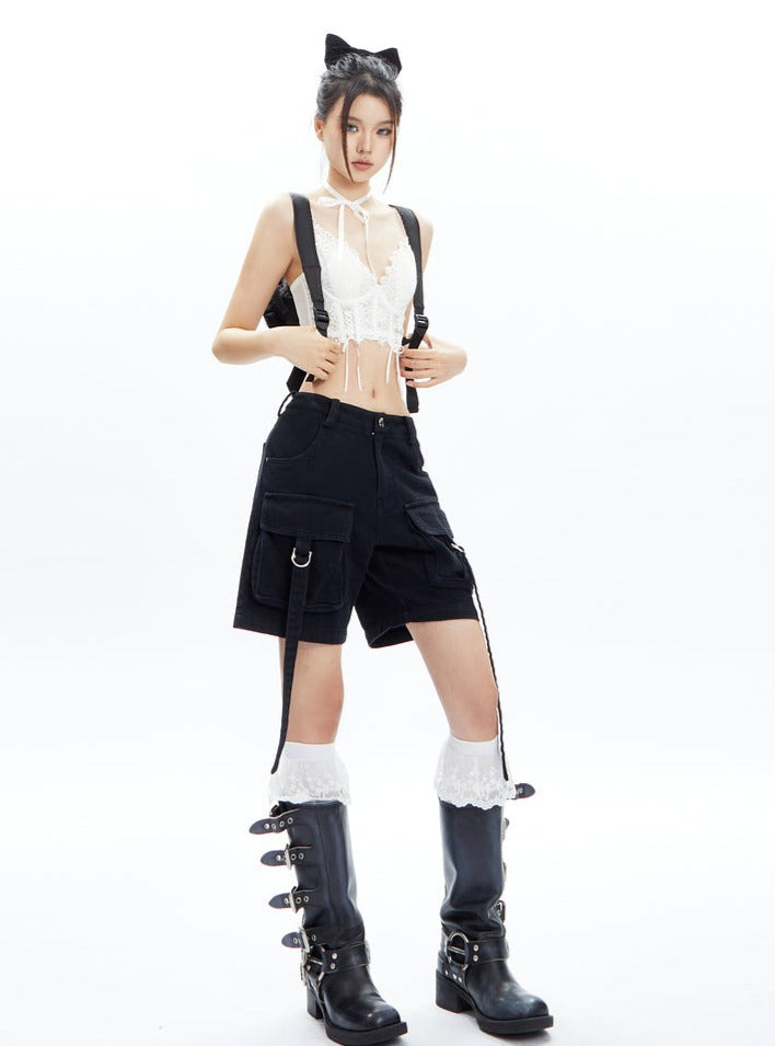 Black Cargo Shorts With Dangling Straps