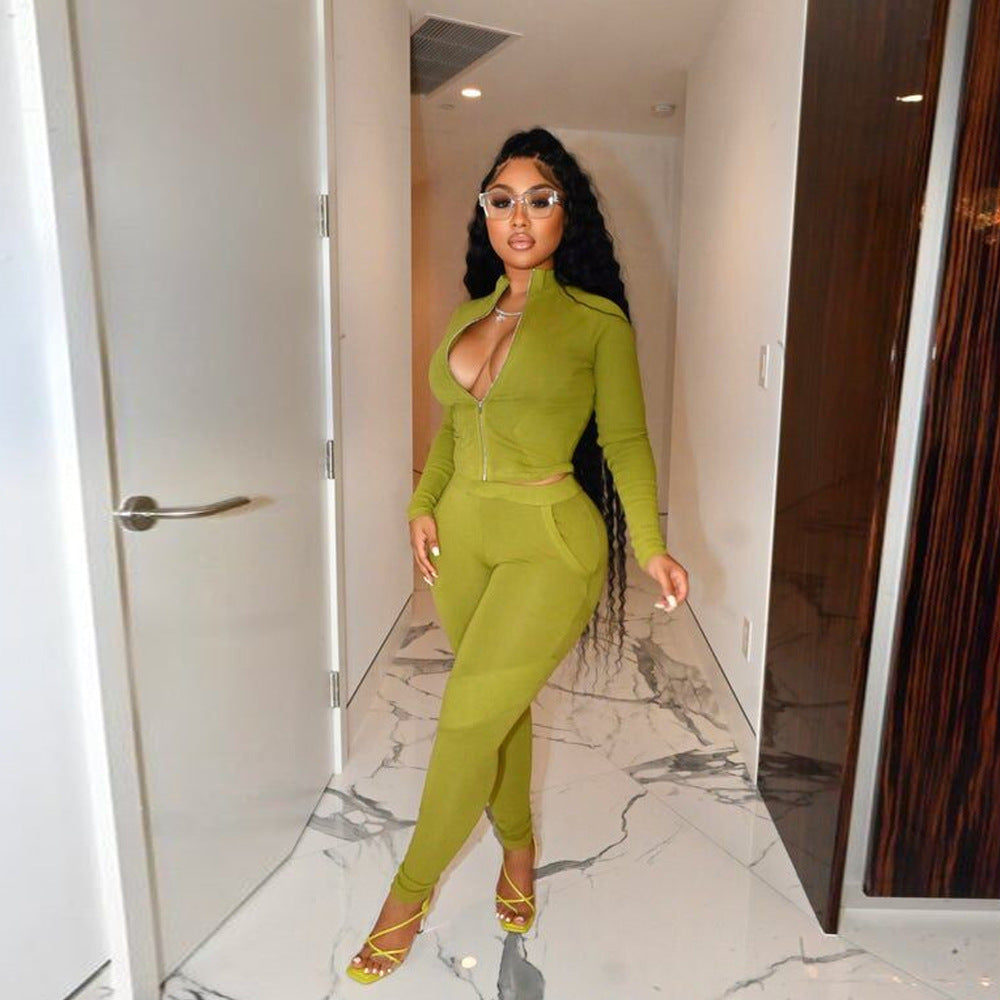 V-neck Long Sleeve Zipper Two-piece Set Nightclub Uniforms