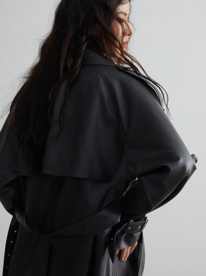 Matte Leather Short Coat With Slit Design