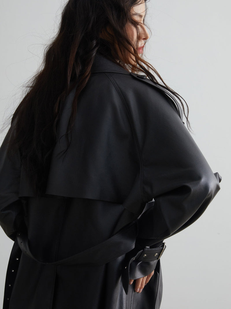 Matte Leather Short Coat With Slit Design