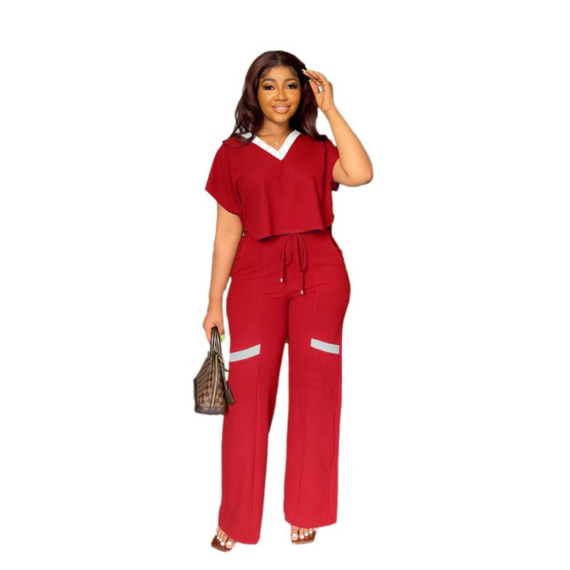 Color Short Sleeved T Shirt Sports Suit Straight Leg Pants Summer Two Piece Set