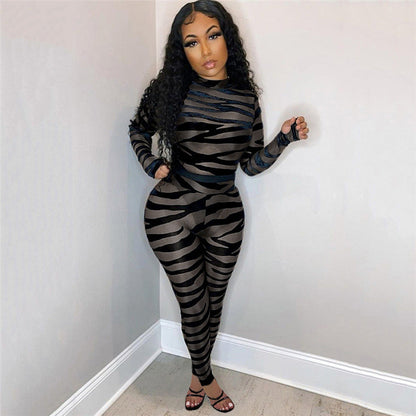 Clothing Striped Printed Sheer Mesh Jumpsuit