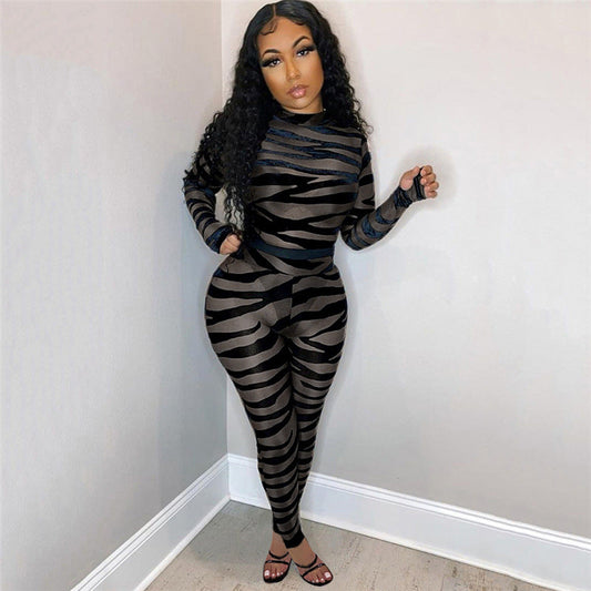 Clothing Striped Printed Sheer Mesh Jumpsuit