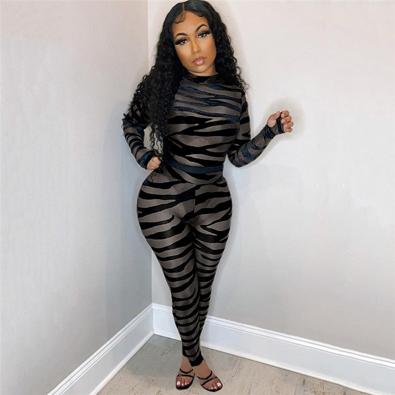 Clothing Striped Printed Sheer Mesh Jumpsuit