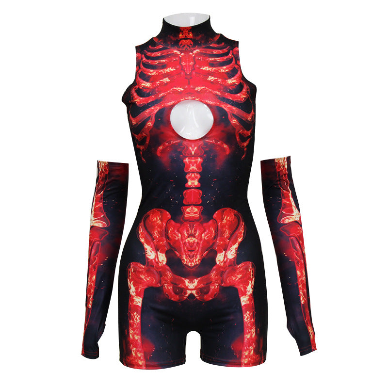 Halloween Skull Skeleton Printing Stylish Sleeveless Jumpsuit Shorts Cuff