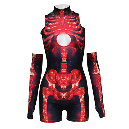 Halloween Skull Skeleton Printing Stylish Sleeveless Jumpsuit Shorts Cuff
