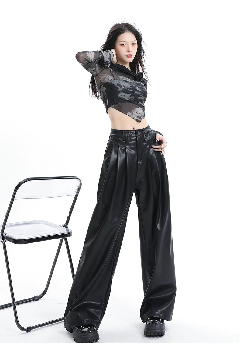 Coffee Wide-leg Pu Leather Pants