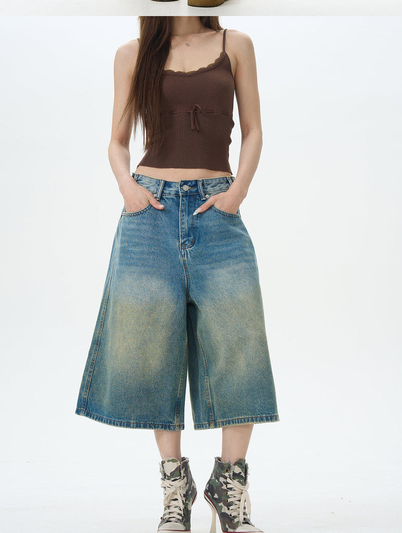 Faded Denim Wide Leg Shorts