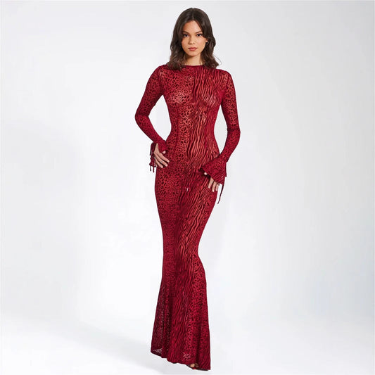 Fall Mesh See Through Leopard Print Sheath Backless Dress Maxi Dress