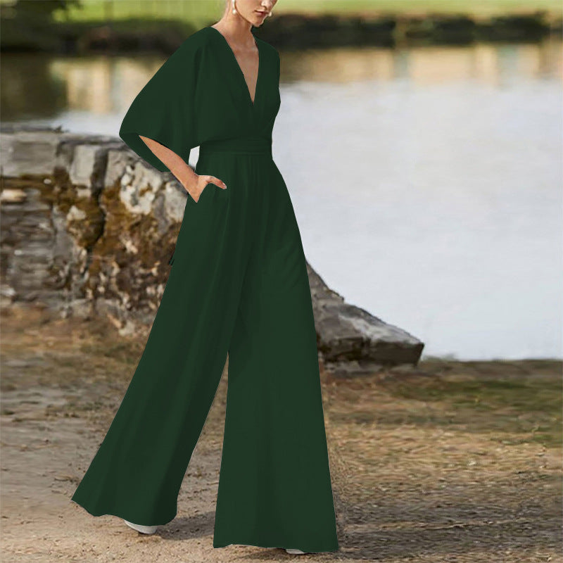 Winter Dress Jumpsuit Deep V Plunge High Waist Wide Leg Trousers