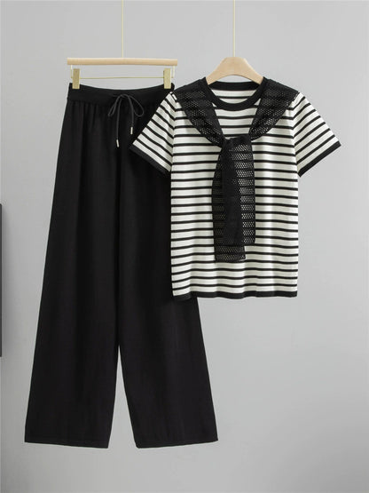 Black – Drawstring Short-sleeve Striped Two-piece Set