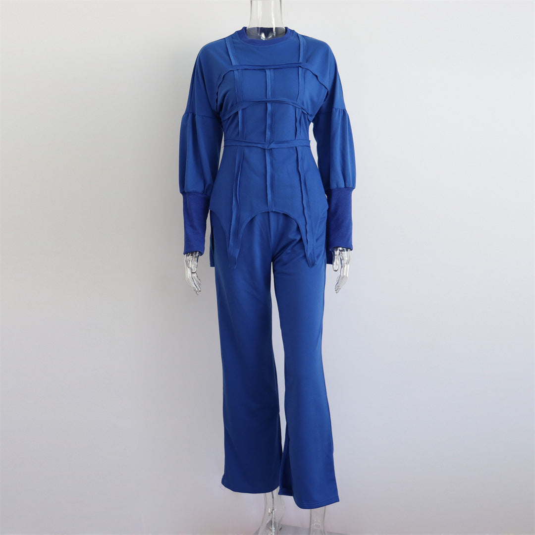 Color Hoodie Sets Round Neck Pullover Top Split Straight Pants Two Piece Sets