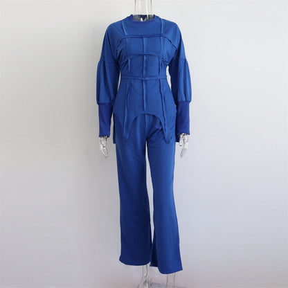 Color Hoodie Sets Round Neck Pullover Top Split Straight Pants Two Piece Sets