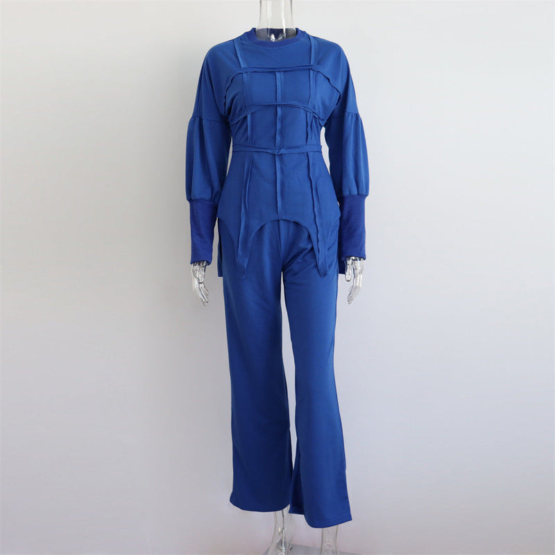 Color Hoodie Sets Round Neck Pullover Top Split Straight Pants Two Piece Sets
