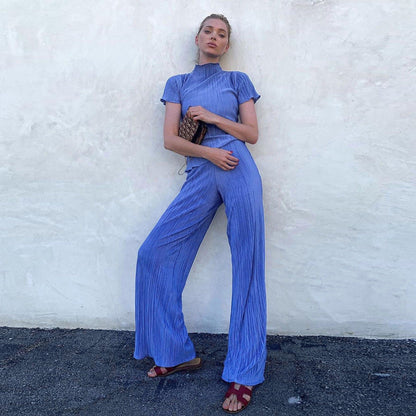 Spring Slimming T Shirt High Waist Blue Pleated Wide Leg Pants Clothing Suit