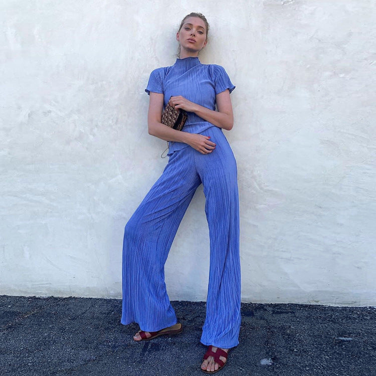 Spring Slimming T Shirt High Waist Blue Pleated Wide Leg Pants Clothing Suit