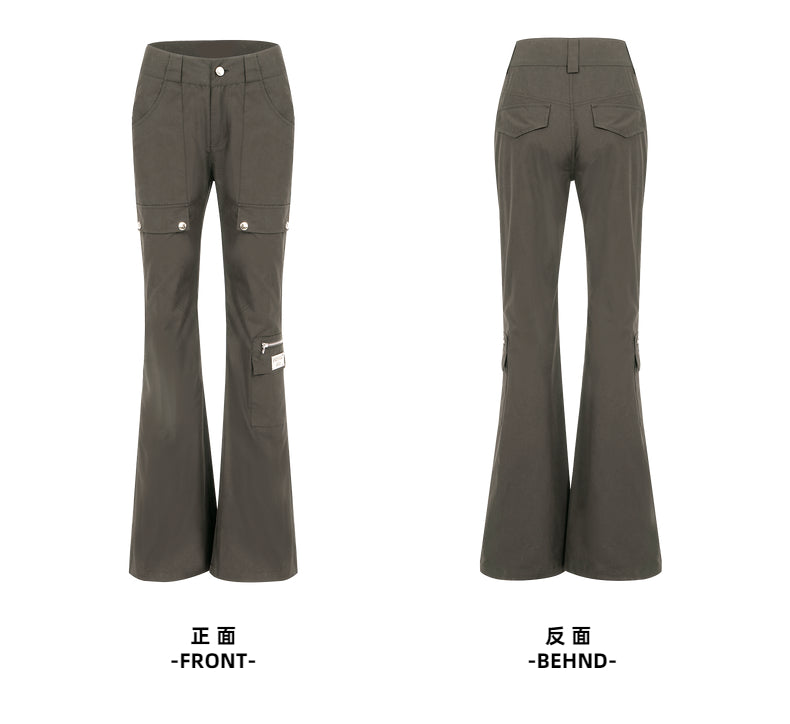 Black Flared Cargo Pants With Multiple Pockets