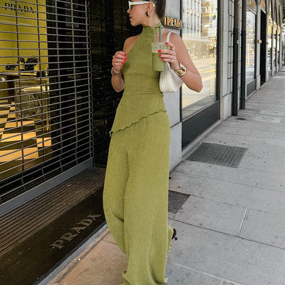 Spring Summer Design Green Sleeveless Halter Vest Wide Leg Pants Two Piece Set Office