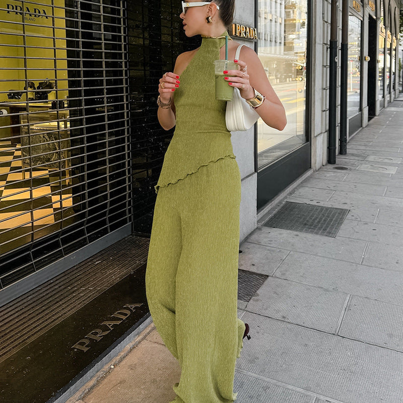 Spring Summer Design Green Sleeveless Halter Vest Wide Leg Pants Two Piece Set Office