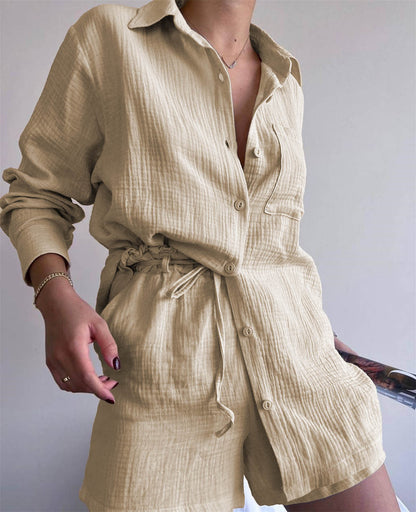 Clothing Suit Pure Cotton Summer Collared Long Sleeve Shirt High Waist Pocket Shorts Two Piece Set