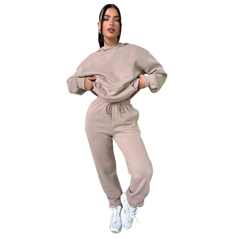 Autumn Winter Color Long Sleeve Hooded Fleece Lined Sweater Trousers Sets