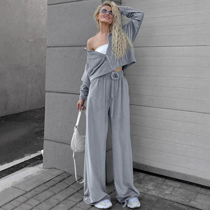 Collared Long Sleeved Trousers Loose Sweater Autumn Winter Two Piece Set